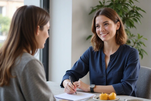 Nutritionist actively listening to a client during a consultation, showing empathy and engagement.