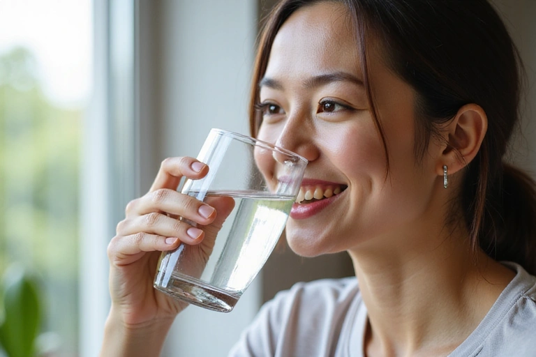 A person happily drinking water, representing hydration.