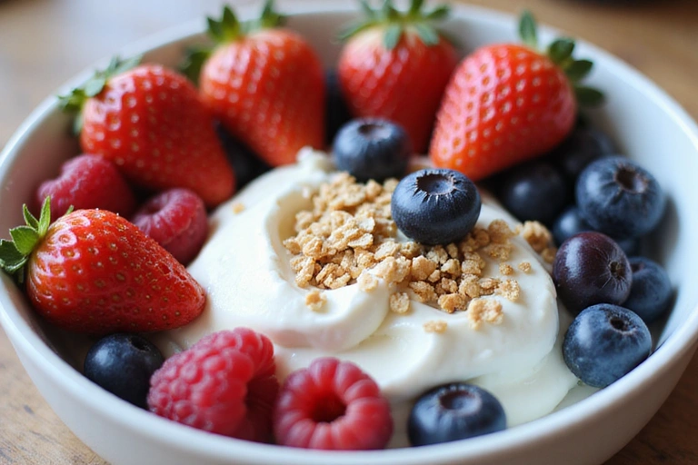 A bowl of fresh berries and yogurt, representing a healthy breakfast.