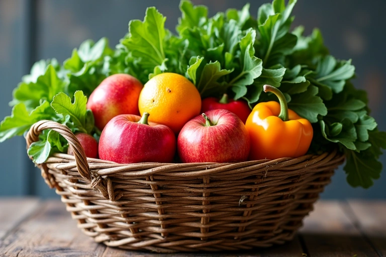 Various brightly colored fruits and vegetables in a market basket, symbolizing fresh produce.