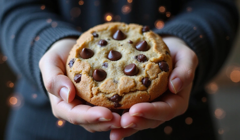 A close-up of a hand holding a cookie with digital data flowing around it, symbolizing website cookies and data privacy.